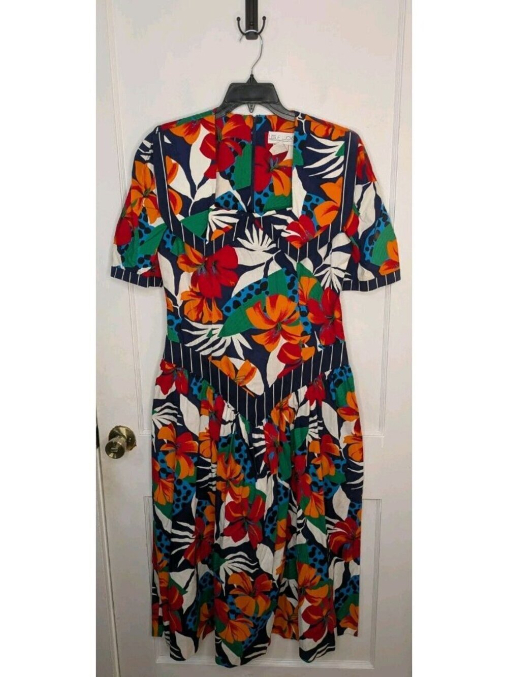 Size 12 Vtg Leslie Lucks Vibrant Hawaiian Floral Polka Dot Stripe Pleated Dress